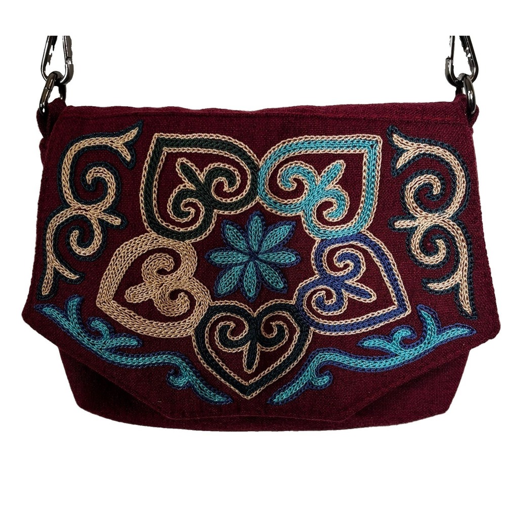 Kazakh Hand Embroidered Crossbody Bag Boho Hippie Chic Tan Brown Purple Blue